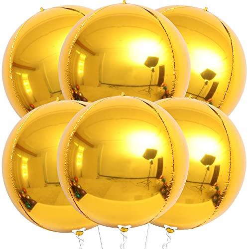 Big 22 Inch Gold Foil Balloons - Pack of 6 | 360 Degree 4D Round Metallic Gold Balloons | Mirror Finish Chrome - Decotree.co Online Shop