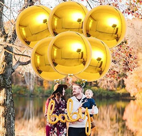 Big 22 Inch Gold Foil Balloons - Pack of 6 | 360 Degree 4D Round Metallic Gold Balloons | Mirror Finish Chrome - Decotree.co Online Shop