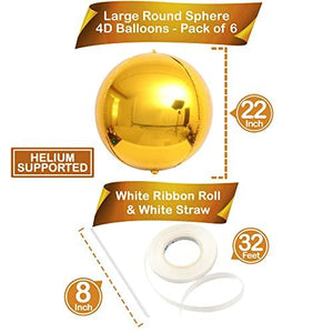 Big 22 Inch Gold Foil Balloons - Pack of 6 | 360 Degree 4D Round Metallic Gold Balloons | Mirror Finish Chrome - Decotree.co Online Shop