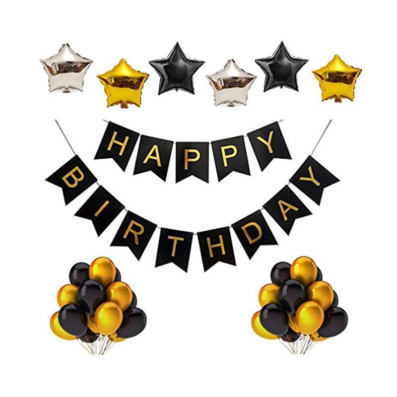 Birthday Party Banner Balloons Decoration - Black Gold Birthday Decorations Party Supplies - Happy Birthday Banner, Confetti Balloons, Foil Heart - Decotree.co Online Shop