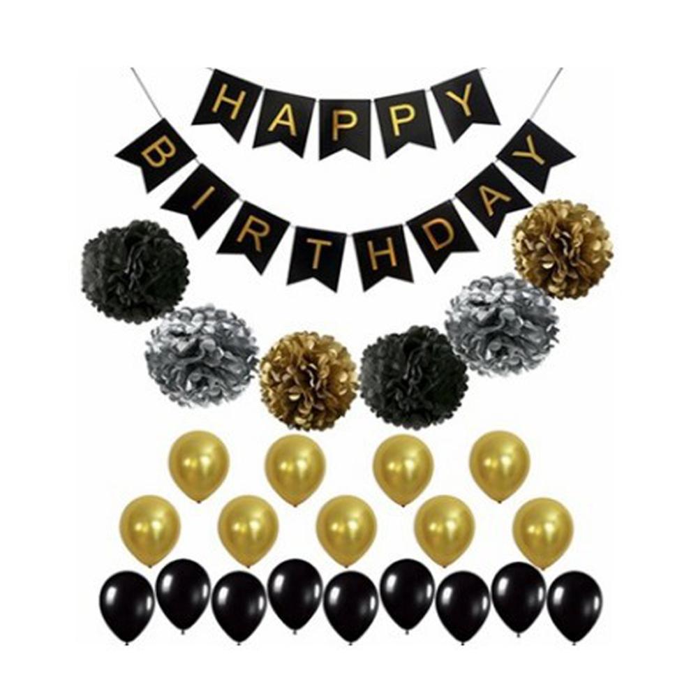 Birthday Party Banner Balloons Decoration - Black Gold Birthday Decorations Party Supplies - Happy Birthday Banner, Confetti Balloons, Foil Heart - Decotree.co Online Shop