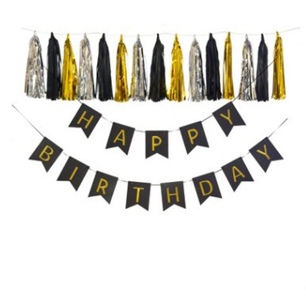 Birthday Party Banner Balloons Decoration - Black Gold Birthday Decorations Party Supplies - Happy Birthday Banner, Confetti Balloons, Foil Heart - Decotree.co Online Shop