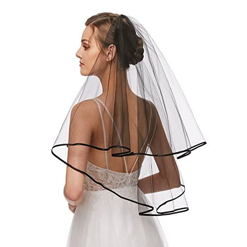 Black Bridal Veil Women's Simple Tulle Short Bachelorette Party Wedding Veil Ribbon Edge With Comb for Wedding Hen Party (Black) - Decotree.co Online Shop