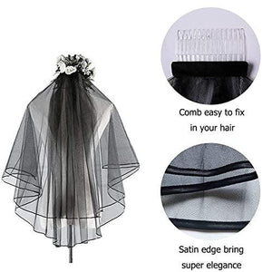 Black Bridal Veil Women's Simple Tulle Short Bachelorette Party Wedding Veil Ribbon Edge With Comb for Wedding Hen Party (Black) - Decotree.co Online Shop