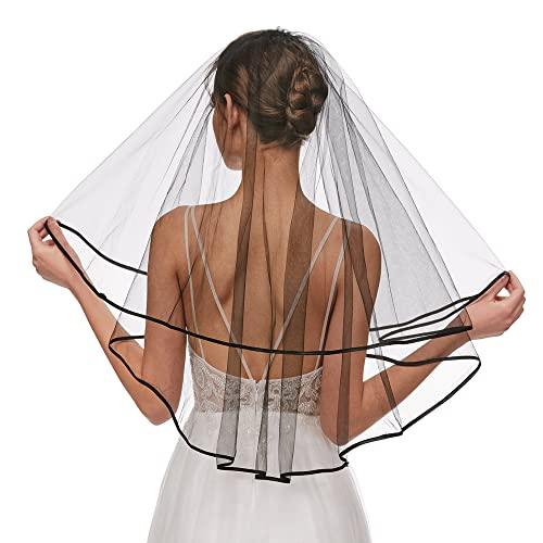 Black Bridal Veil Women's Simple Tulle Short Bachelorette Party Wedding Veil Ribbon Edge With Comb for Wedding Hen Party (Black) - Decotree.co Online Shop