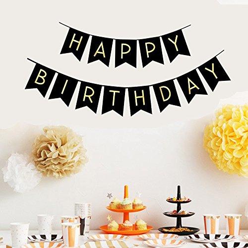 Black Happy Birthday Bunting Banner with Shiny Gold Letters Party Supplies - Decotree.co Online Shop