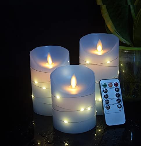 Blue flameless Candle with Embedded Light String, 3 LED Candles, 10-Key Remote Control, 24-Hour Timer Function - Decotree.co Online Shop