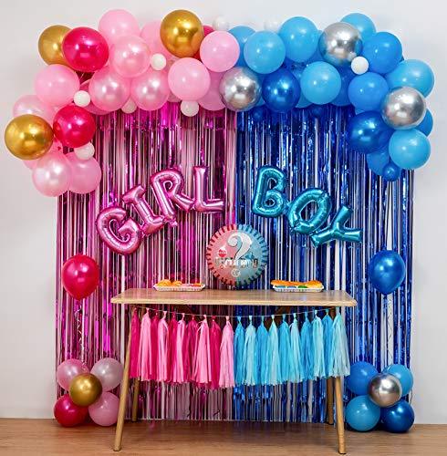 Boy Or Girl Gender Reveal Party Decoration Set,&Balloons Arch Garland Kit(Blue Silver Pink Gold),Foil Balloons,Metallic Fringe Curtains,18 in gender reveal balloons,Paper tassel Garland - Decotree.co Online Shop