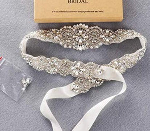 Bridal Rhinestone Wedding Belts Hand Clear Crystal 22In Length with Ivory Organza Ribbon for Bridal Gowns - Decotree.co Online Shop