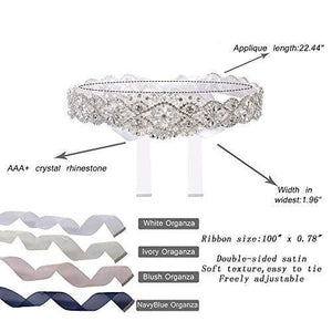 Bridal Rhinestone Wedding Belts Hand Clear Crystal 22In Length with Ivory Organza Ribbon for Bridal Gowns - Decotree.co Online Shop