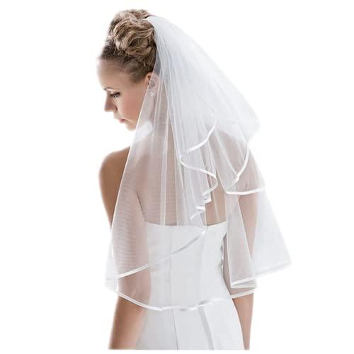 Bridal Veil Women's Simple Tulle Short Wedding Veil Ribbon Edge with Comb for Wedding Bachelorette Party (White) - Decotree.co Online Shop