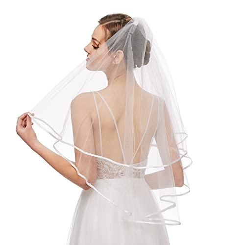 Bridal Veil Women's Simple Tulle Short Wedding Veil Ribbon Edge with Comb for Wedding Bachelorette Party (White) - Decotree.co Online Shop