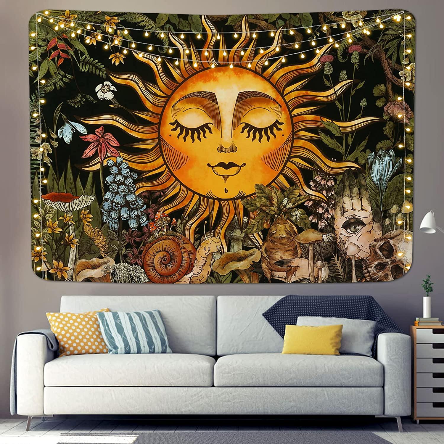 Burning Sun Tapestry Vintage Floral Tapestry Plants and Leaves Tapestries Mystic Hippie Tapestry Snail and Skull Tapestry Wall Hanging for Room(51.2 x 59.1 inches) - Decotree.co Online Shop
