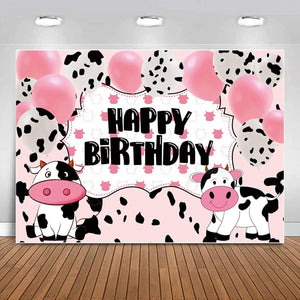 Cartoon Cow Happy Birthday Backdrop Banner Cow Party Decorations Pink White Cow Print Balloons Farm Animals Background - Decotree.co Online Shop