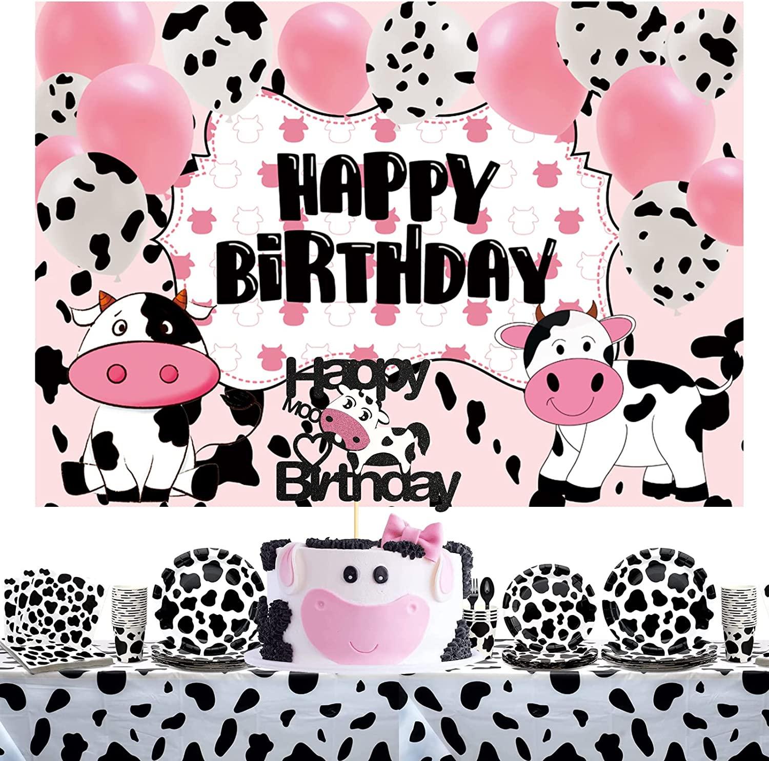 Cartoon Cow Happy Birthday Backdrop Banner Cow Party Decorations Pink White Cow Print Balloons Farm Animals Background - Decotree.co Online Shop