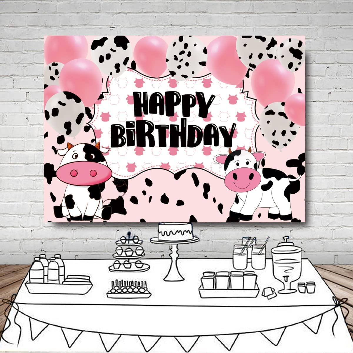 Cartoon Cow Happy Birthday Backdrop Banner Cow Party Decorations Pink White Cow Print Balloons Farm Animals Background - Decotree.co Online Shop