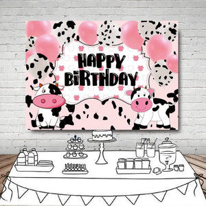 Cartoon Cow Happy Birthday Backdrop Banner Cow Party Decorations Pink White Cow Print Balloons Farm Animals Background - Decotree.co Online Shop