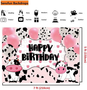 Cartoon Cow Happy Birthday Backdrop Banner Cow Party Decorations Pink White Cow Print Balloons Farm Animals Background - Decotree.co Online Shop