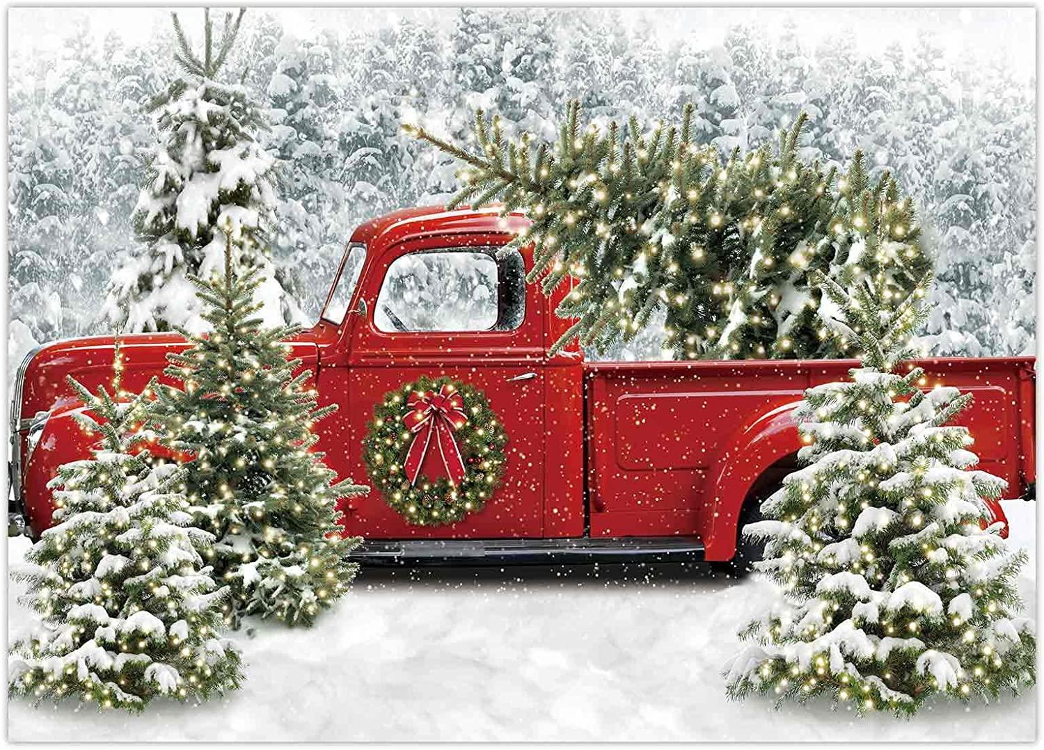 Christmas Red Truck Backdrop Winter Snowy Forest Tree Background - Decotree.co Online Shop