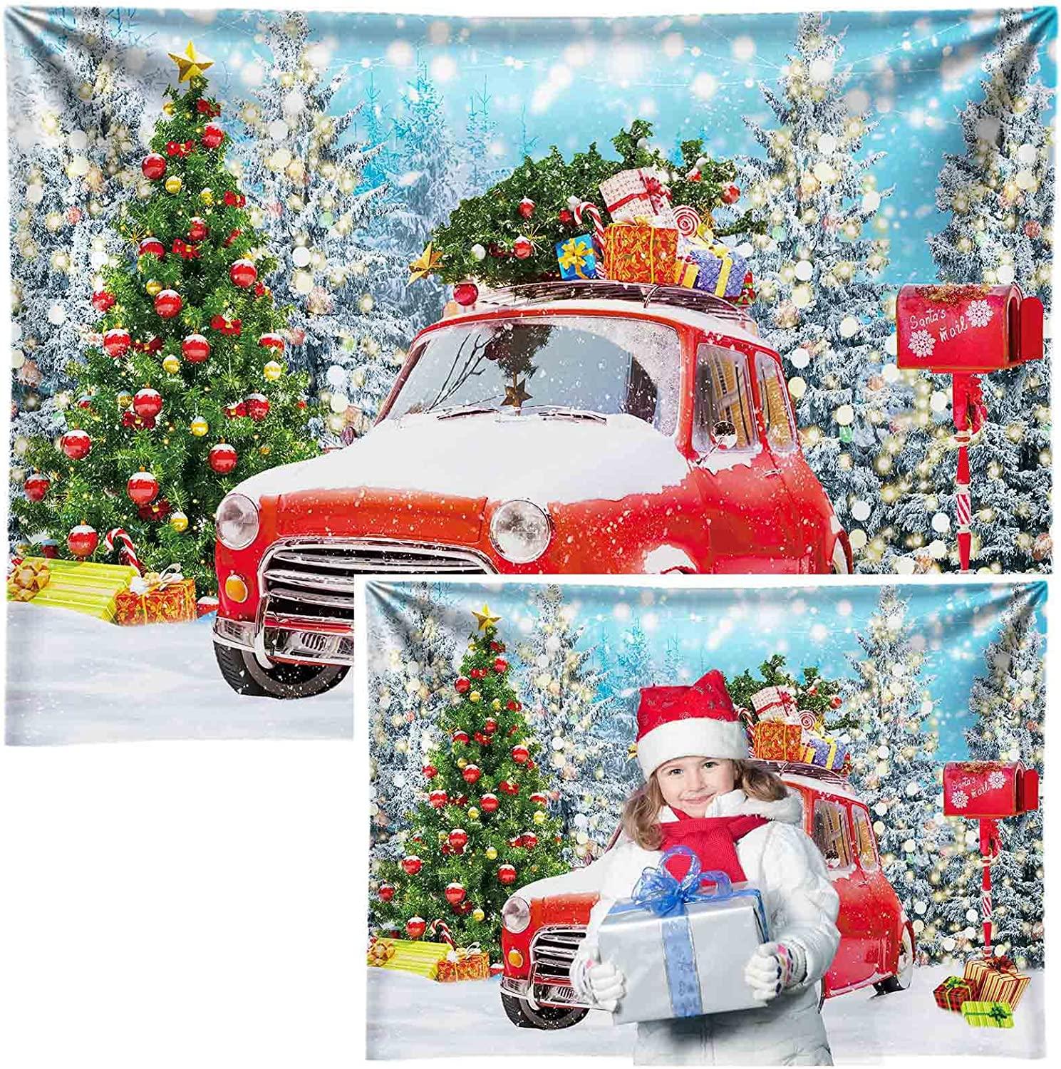 Christmas Red Truck Backdrop Winter Snowy Forest Tree Background - Decotree.co Online Shop