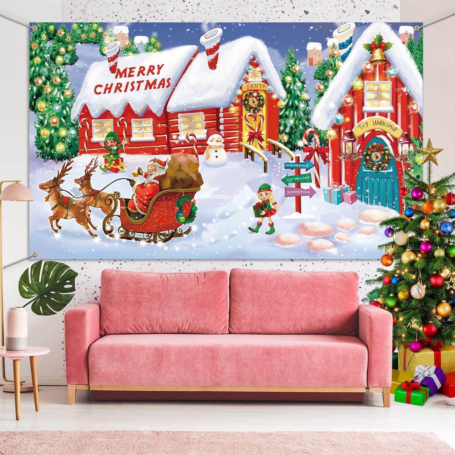 Christmas Wall Scene Santa Backdrop Extra Large Fabric Christmas Door Cover Decor Christmas Banner - Decotree.co Online Shop