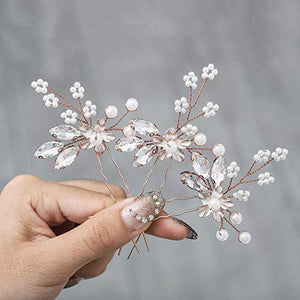 Crystal Bride Wedding Hair Pins Flower Bridal Head Piece Pearl Hair Accessories for Women and Girls (Pack of 3) (B Rose Gold) - Decotree.co Online Shop