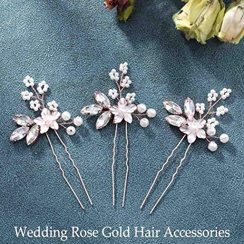 Crystal Bride Wedding Hair Pins Flower Bridal Head Piece Pearl Hair Accessories for Women and Girls (Pack of 3) (B Rose Gold) - Decotree.co Online Shop