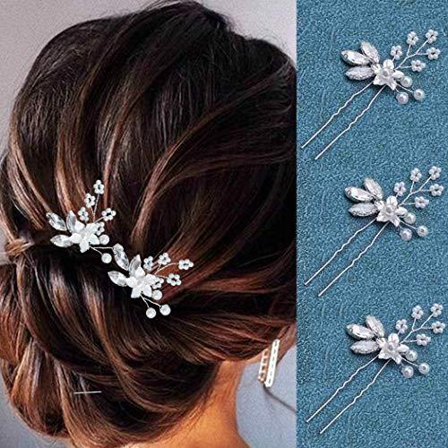 Crystal Bride Wedding Hair Pins Silver Flower Bridal Head Piece Pearl Hair Accessories for Women and Girls (Pack of 3) (Silver) - Decotree.co Online Shop