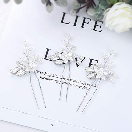 Crystal Bride Wedding Hair Pins Silver Flower Bridal Head Piece Pearl Hair Accessories for Women and Girls (Pack of 3) (Silver) - Decotree.co Online Shop