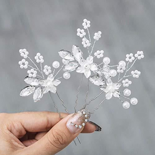 Crystal Bride Wedding Hair Pins Silver Flower Bridal Head Piece Pearl Hair Accessories for Women and Girls (Pack of 3) (Silver) - Decotree.co Online Shop