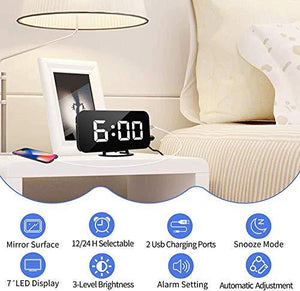 Digital Alarm Clocks,7" LED Mirror Electronic Clock,with 2 USB Charging Ports,Snooze Mode,Auto Adjust Brightness,Modern Desk Wall Clock for Bedroom Living Room Office - Decotree.co Online Shop