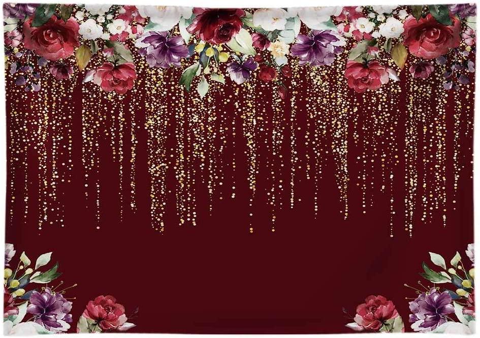 Durable Fabric Burgundy Red Flowers Backdrop No Wrinkles Golden Glitter Floral Birthday Party Photography - Decotree.co Online Shop