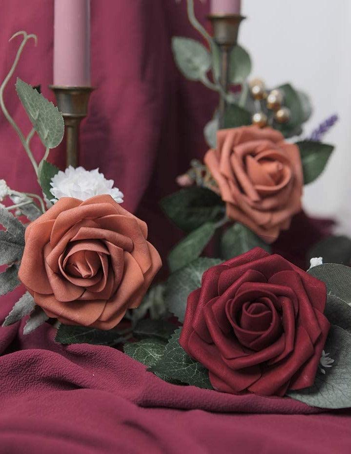 Dusty Cedar Foam Fake Roses with Stems for DIY Wedding Bouquets Bridal Shower Centerpieces Artificial Flowers - Decotree.co Online Shop