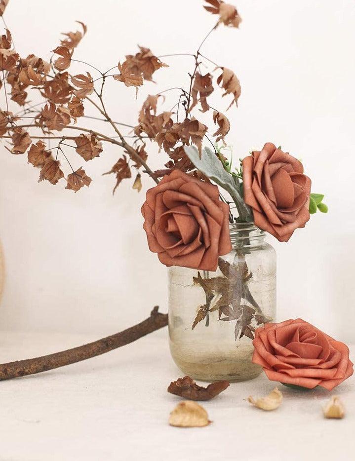 Dusty Cedar Foam Fake Roses with Stems for DIY Wedding Bouquets Bridal Shower Centerpieces Artificial Flowers - Decotree.co Online Shop