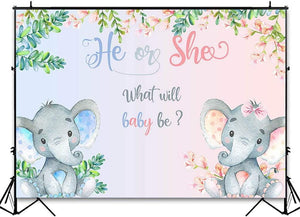 Elephant Gender Reveal Backdrop Pink or Blue Flowers Baby Shower Photography Background - Decotree.co Online Shop