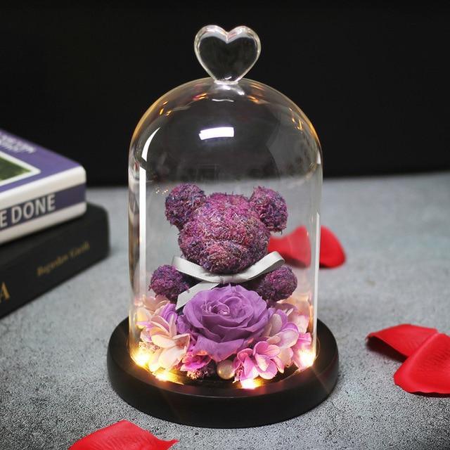 Eternal Preserved Fresh Rose Lovely Teddy Bear Molding Led Light In A Flask Immortal Rose Valentine's Day Mother's Day Gifts - Decotree.co Online Shop