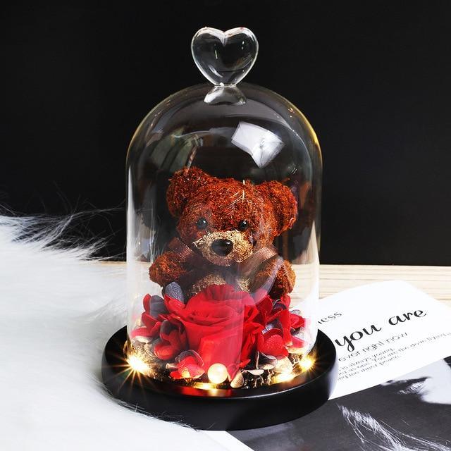 Eternal Preserved Fresh Rose Lovely Teddy Bear Molding Led Light In A Flask Immortal Rose Valentine's Day Mother's Day Gifts - Decotree.co Online Shop