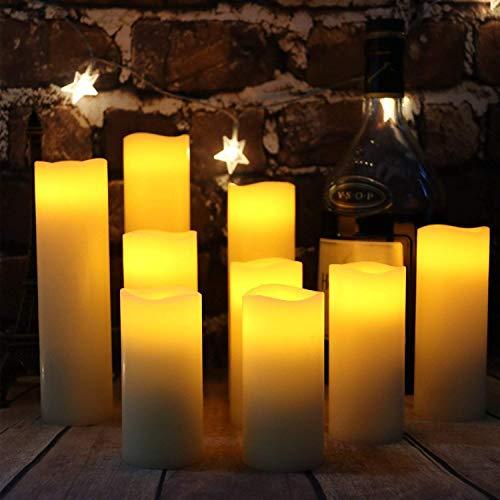 Flameless Flickering Battery Operated Candles one Set of 9 Ivory Real Wax Pillar LED Candles with 10-Key Remote and Cycling 24 Hours Timer - Decotree.co Online Shop