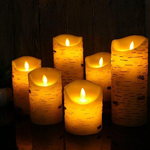 flameless led Candles Set of 6 Birch bark Pillar Candle Remote Control with 10 Key Wax Flickering Light Pillar Battery Operated - Decotree.co Online Shop