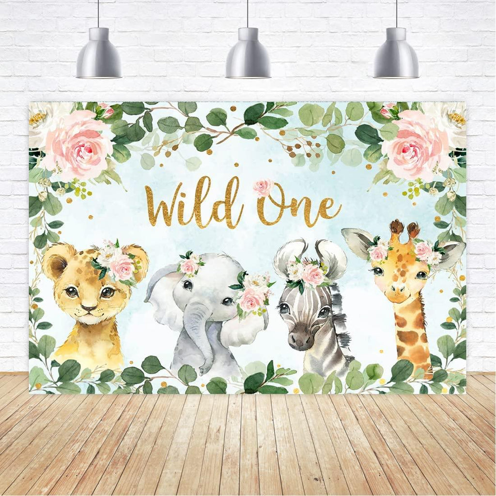 Girl Jungle Safari Animals Wild One Backdrop 1st Birthday Pink Floral Green Leaves Photography Background - Decotree.co Online Shop