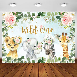 Girl Jungle Safari Animals Wild One Backdrop 1st Birthday Pink Floral Green Leaves Photography Background - Decotree.co Online Shop