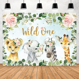 Girl Jungle Safari Animals Wild One Backdrop 1st Birthday Pink Floral Green Leaves Photography Background - Decotree.co Online Shop