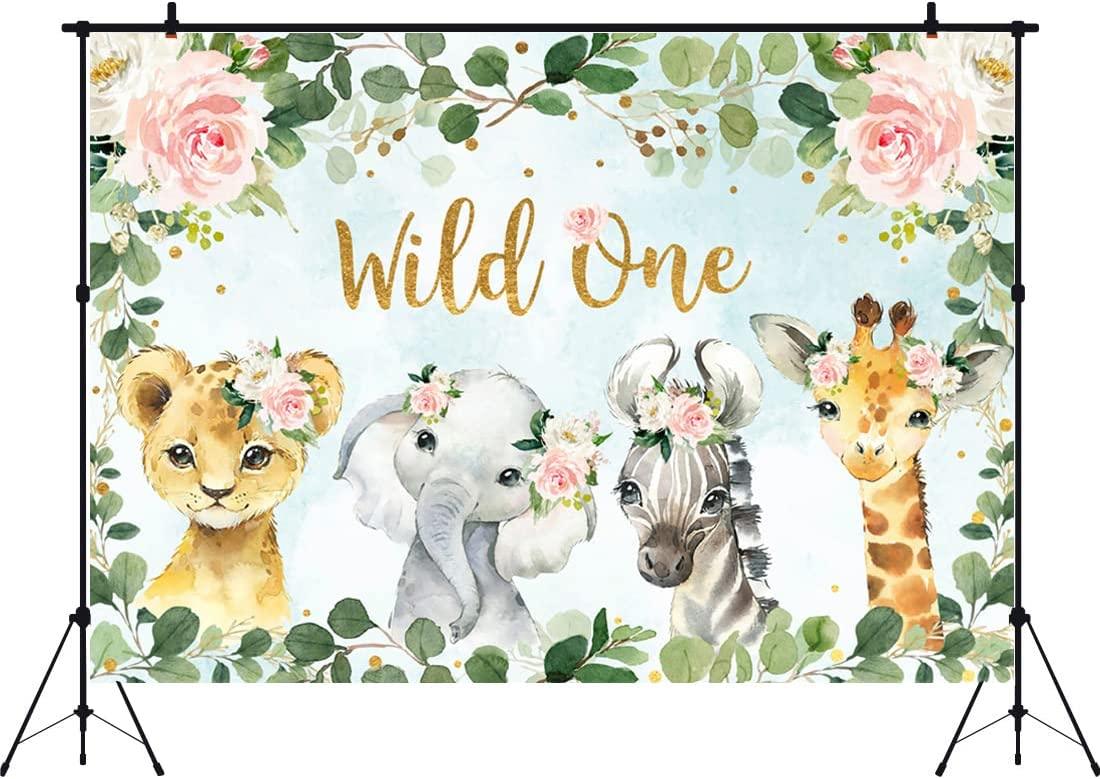 Girl Jungle Safari Animals Wild One Backdrop 1st Birthday Pink Floral Green Leaves Photography Background - Decotree.co Online Shop