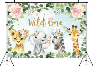 Girl Jungle Safari Animals Wild One Backdrop 1st Birthday Pink Floral Green Leaves Photography Background - Decotree.co Online Shop