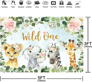 Girl Jungle Safari Animals Wild One Backdrop 1st Birthday Pink Floral Green Leaves Photography Background - Decotree.co Online Shop