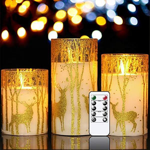 Glass Flameless Candles Flickering with Timer Remote, 3 Pack Gold Reindeer Elk Decal Real Wax Candles Lights for Christmas - Decotree.co Online Shop