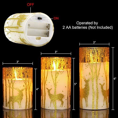 Glass Flameless Candles Flickering with Timer Remote, 3 Pack Gold Reindeer Elk Decal Real Wax Candles Lights for Christmas - Decotree.co Online Shop