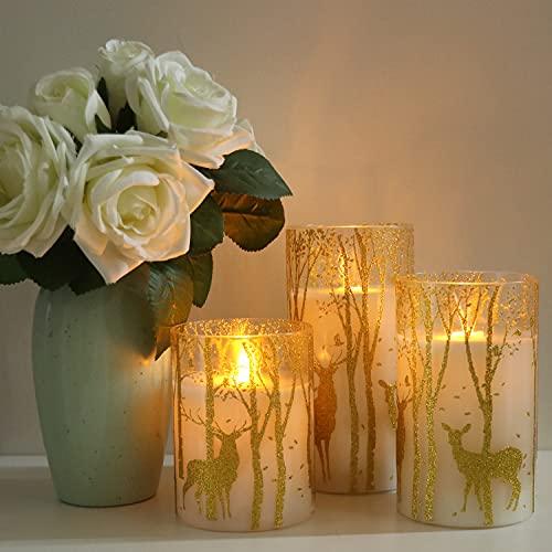 Glass Flameless Candles Flickering with Timer Remote, 3 Pack Gold Reindeer Elk Decal Real Wax Candles Lights for Christmas - Decotree.co Online Shop