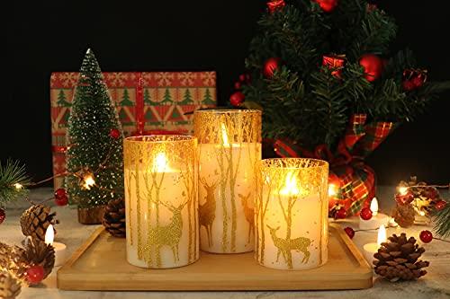 Glass Flameless Candles Flickering with Timer Remote, 3 Pack Gold Reindeer Elk Decal Real Wax Candles Lights for Christmas - Decotree.co Online Shop