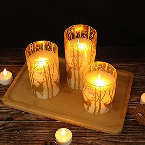 Glass Flameless Candles Flickering with Timer Remote, 3 Pack Gold Reindeer Elk Decal Real Wax Candles Lights for Christmas - Decotree.co Online Shop